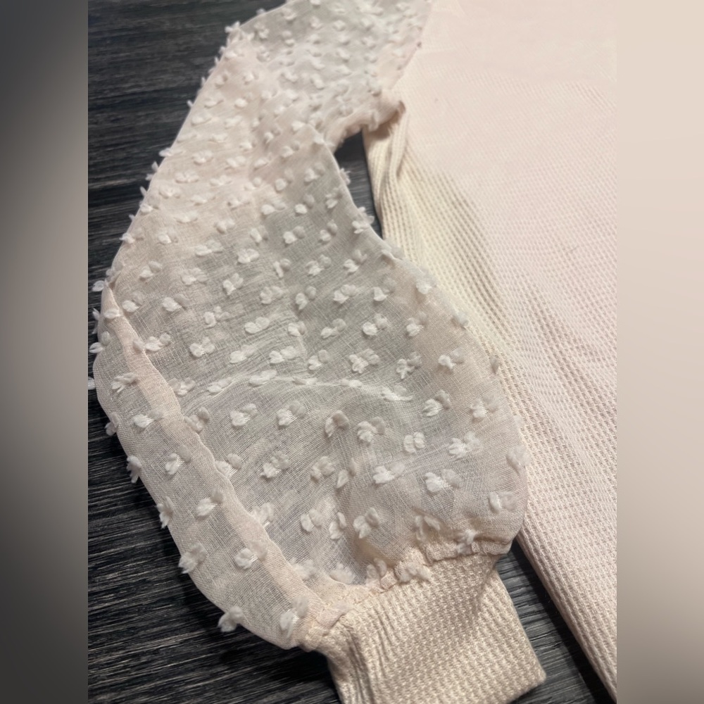 Brand:MIHOLL, Size small, blush pink blouse, sheer polka dot sleeves